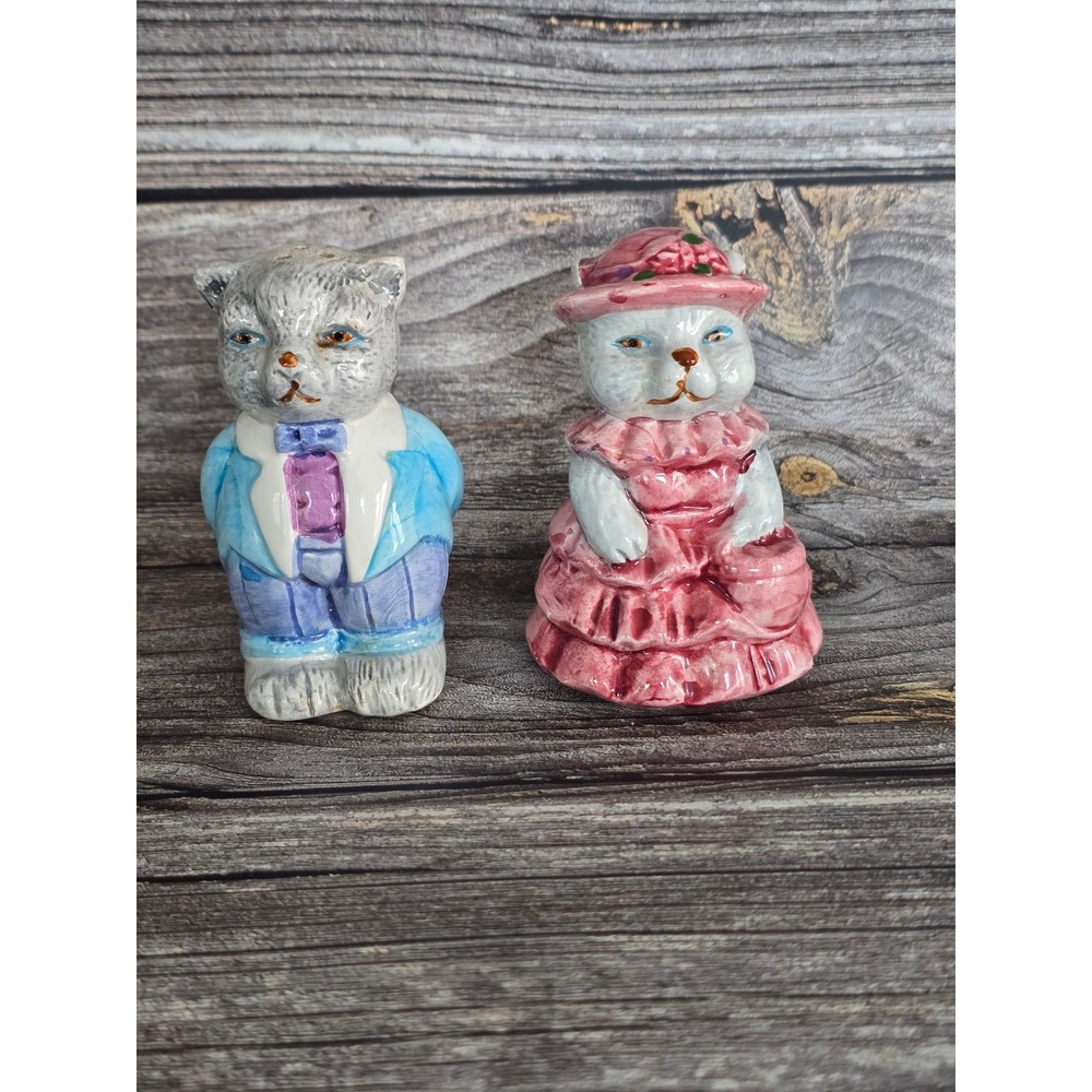 Vintage Anthropomorphic Cat Salt and Pepper Shakers Victorian Blue Pink Set